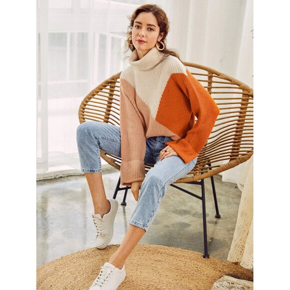 SIMPLEE Women's Turtle Neck Color Block Sweater Size L In Orange - Picture 1 of 8